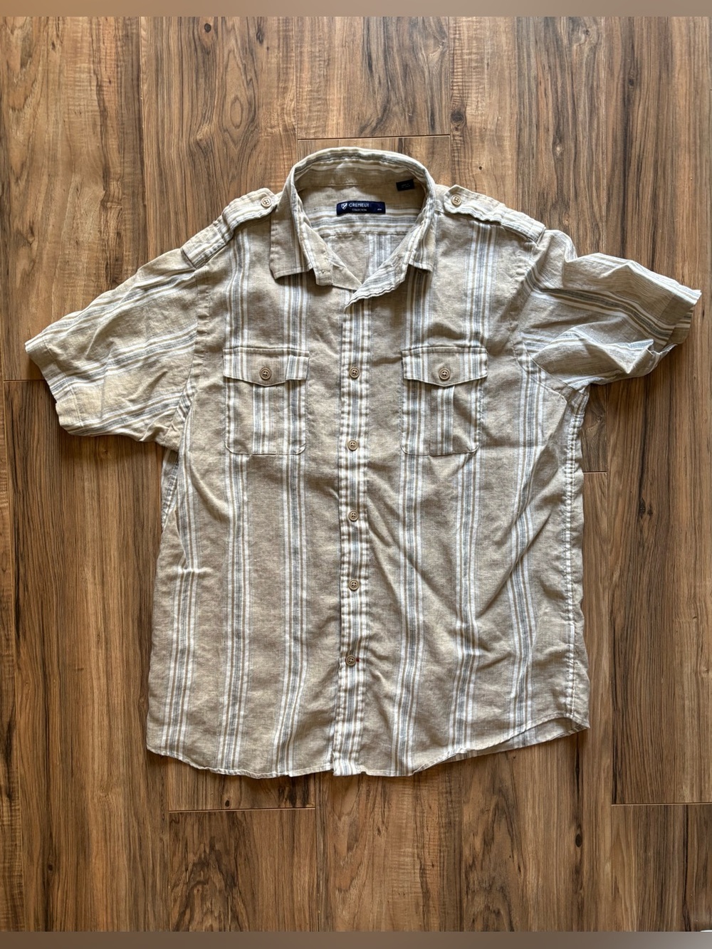 Cremieux Collection 100% linen tan & white striped button-up shoulder epaulettes